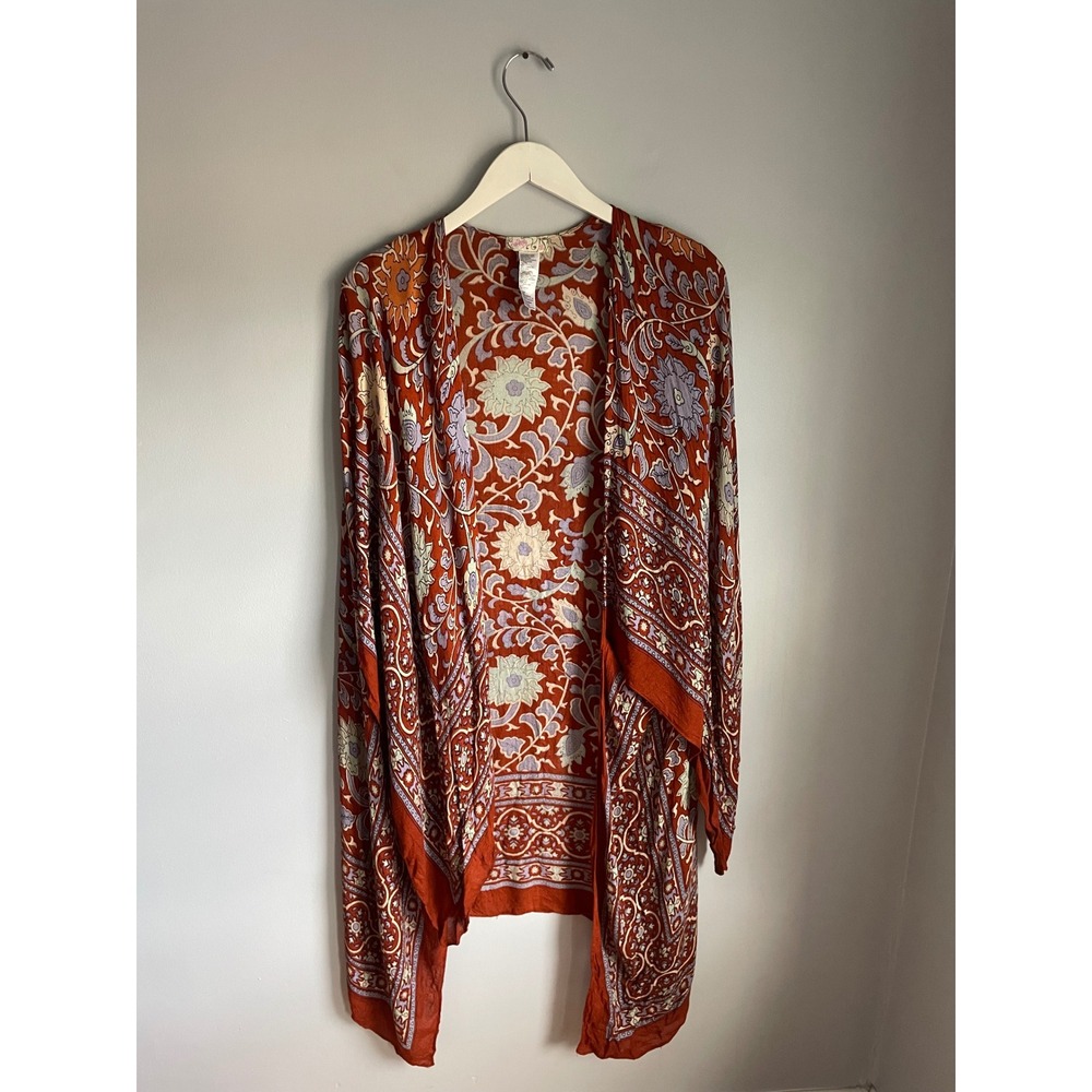 Free People Magic Dance Border Print Kimono Rust Orange Floral One Size